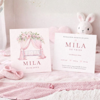 Carte Fille Berceau Rose Fleurs Aquarelle Naissance