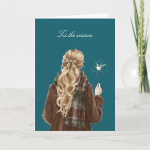 Carte Fille blonde de Noël célébration avec cierge magiq
