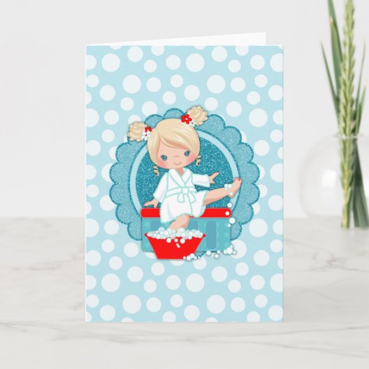 Carte Fille blonde du Spa Bulles Turquoise Rouge Blanc (Devant)