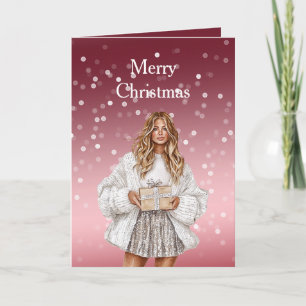 Carte Fille blonde jolie Noël points Bokeh rouge blanc
