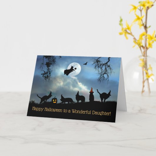 Carte Fille Bonne Halloween sorcières et chats (Fleur jaune)