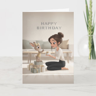 Carte Fille brune offrant un lapin en or pour un cadeau