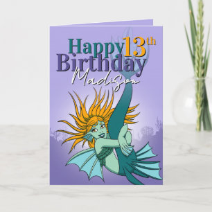 Carte Fille Caricature Mermaid Purple Green 13e annivers