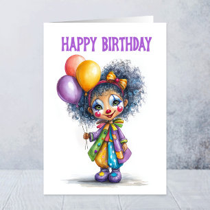 Carte Fille clown de cirque tenant des ballons d'anniver