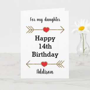 Carte Fille coeur rouge et or 14e anniversaire