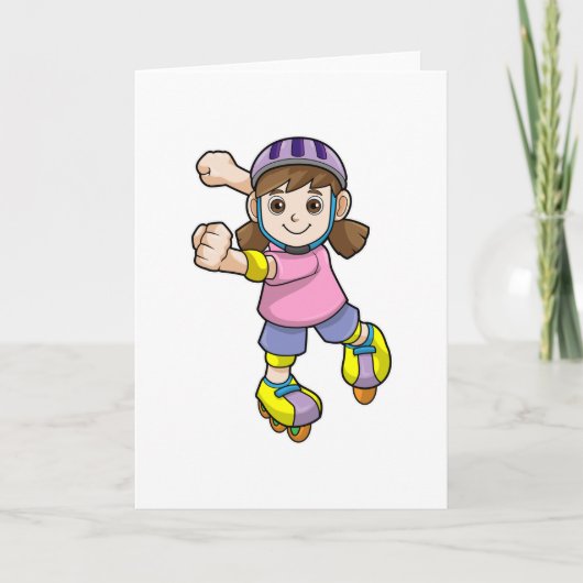 Carte Fille comme patineur avec patins et casque (Devant)