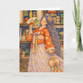 Carte Fille coréenne rêveuse en hanbok avec éventail et (Devant)