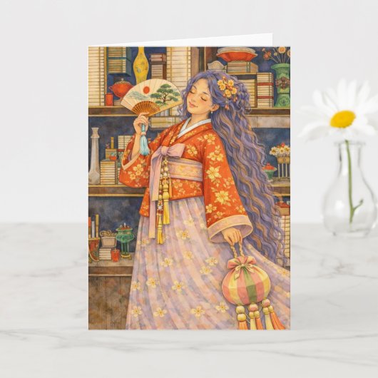 Carte Fille coréenne rêveuse en hanbok avec éventail et (Petite plante)
