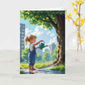 Carte Fille d'anniversaire arroser un arbre de la ville (Fleur jaune)