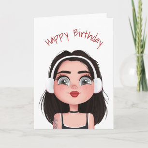 Carte Fille d'anniversaire de dessin animé avec casque
