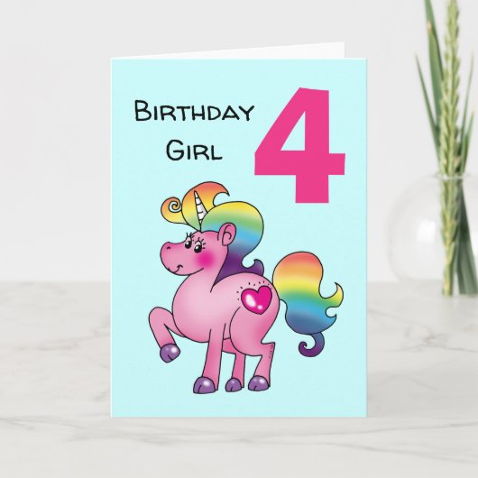 Carte fille d'anniversaire de licorne rose (âge 4, perso (Devant)