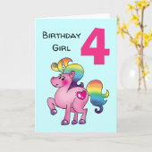 Carte fille d'anniversaire de licorne rose (âge 4, perso (Fleur jaune)