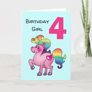 Carte fille d'anniversaire de licorne rose (âge 4, perso