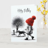 Carte Fille d'anniversaire marchant son chien (Fleur jaune)