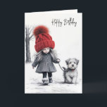 Carte Fille d'anniversaire marchant son chien<br><div class="desc">Dessin d'une jeune fille portant un grand casquette tricoté rouge 3D avec un pompon marchant sur une laisse un petit chien de terrier. Tout le texte peut être modifié.</div>