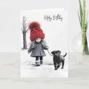 Carte Fille d'anniversaire marchant son chien noir