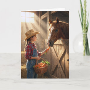 Carte Fille d'anniversaire nourrissant un cheval avec de