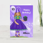 Carte Fille d'anniversaire pourpre et verte avec âge (Devant)