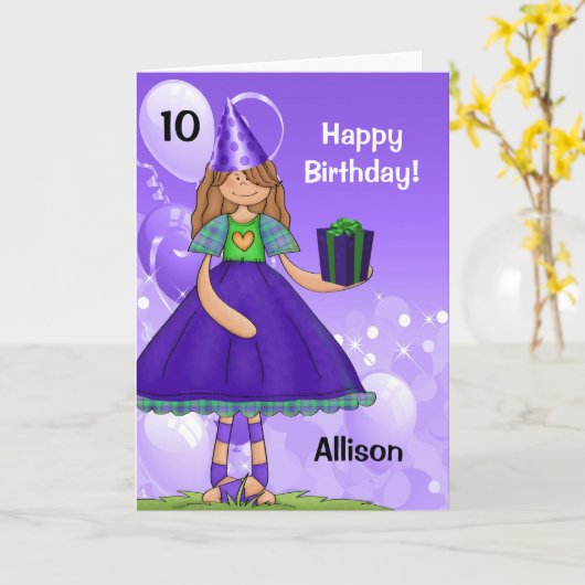 Carte Fille d'anniversaire pourpre et verte avec âge (Fleur jaune)