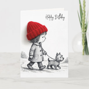 Carte Fille d'anniversaire promenant son chien