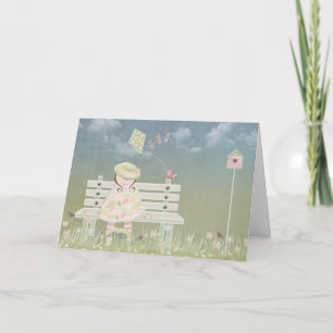 Carte Fille d'anniversaire sur banc avec cerf-volant