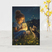 Carte Fille d'anniversaire tenant un pot de lucioles (Fleur jaune)