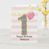 Carte Fille de 1 an Rose et Or (Fleur jaune)