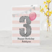 Carte Fille de 3 ans avec paillettes roses et argentées (Fleur jaune)