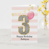 Carte Fille de 3 ans Pailleté Rose et Or Anniversaire (Fleur jaune)