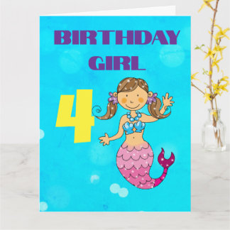Carte Fille de 4 ans avec cheveux bruns mermaid personna