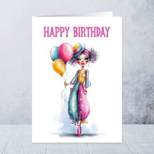 Carte Fille de clown élégante tenant des ballons d'anniv