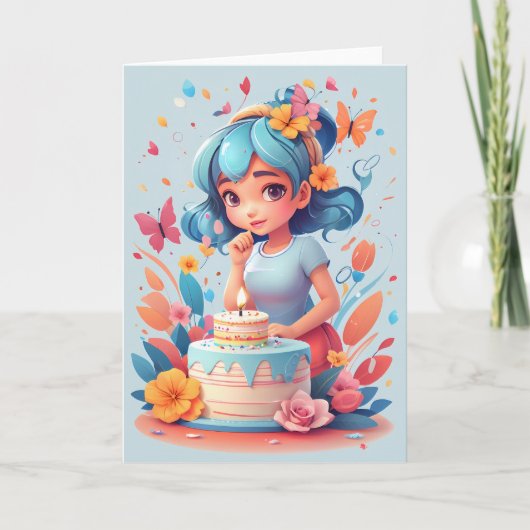 Carte Fille de dessin animé avec gâteau d'anniversaire | (Devant)