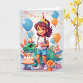 Carte Fille de dessin animé avec gâteau d'anniversaire e (Fleur jaune)