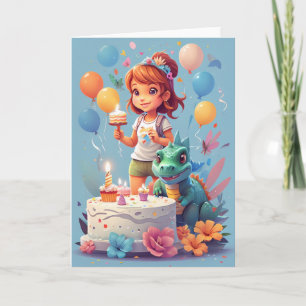 Carte Fille de dessin animé avec gâteau d'anniversaire e
