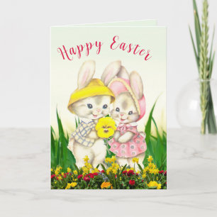Carte Fille de lapin de Pâques vintage enfant plié vacan