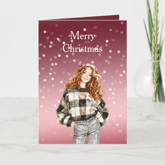 Carte Fille de Noël à points Bokeh Rouge Blanc (Devant)