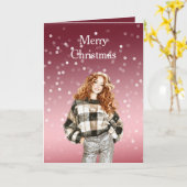 Carte Fille de Noël à points Bokeh Rouge Blanc (Fleur jaune)