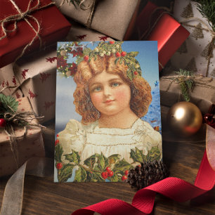 Carte Fille de Noël Vintage avec Holly