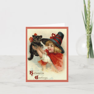 Carte Fille de salutations d'Halloween avec chat noir vi