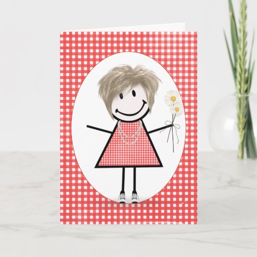 Carte Fille de stick figure d'anniversaire sur gingham r (Devant)