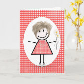 Carte Fille de stick figure d'anniversaire sur gingham r (Fleur jaune)