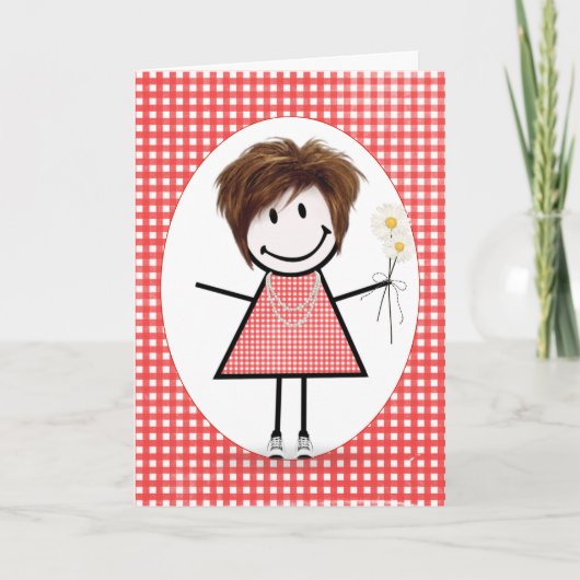 Carte Fille de stick figure d'anniversaire sur Gingham r (Devant)