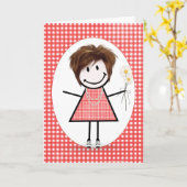 Carte Fille de stick figure d'anniversaire sur Gingham r (Fleur jaune)
