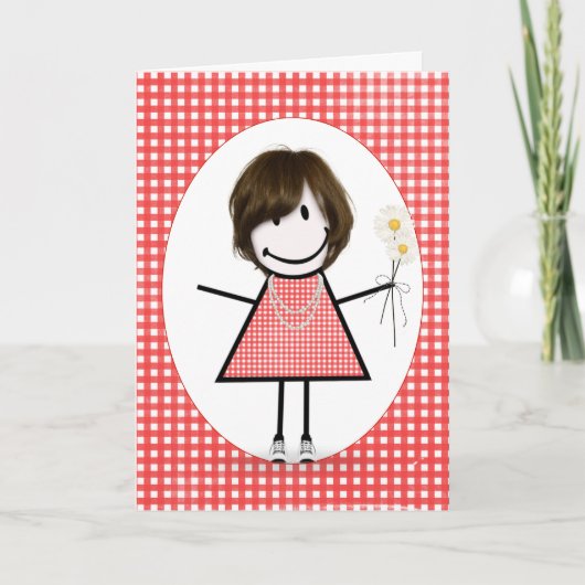 Carte Fille de stick figure d'anniversaire sur gingham r (Devant)