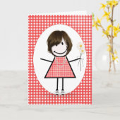 Carte Fille de stick figure d'anniversaire sur gingham r (Fleur jaune)