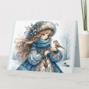 Carte Fille d'hiver avec oiseau dans un manteau floral b