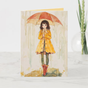 Carte Fille Editable avec parapluie dans le support de p