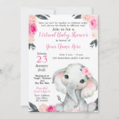 Carte fille Eléphant Baby shower virtuel Roses ros (Devant)