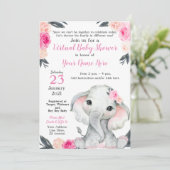 Carte fille Eléphant Baby shower virtuel Roses ros (Debout devant)