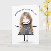 Carte Fille en bâtonnets avec baskets humour d'anniversa (Fleur jaune)